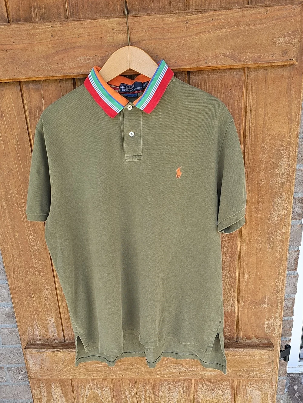 Ralph Lauren Olive Polo with Multi-Color Striped Collar